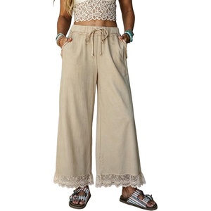 Springrain Women’s Wide Leg Drawstring Pants Lace Trim Trousers | Soft Cotton Material, Elastic Ruffle Waist, Side Hand Pockets, Versatile Spring & Fall Wear, Ideal for Vacation,Daily(Khaki)