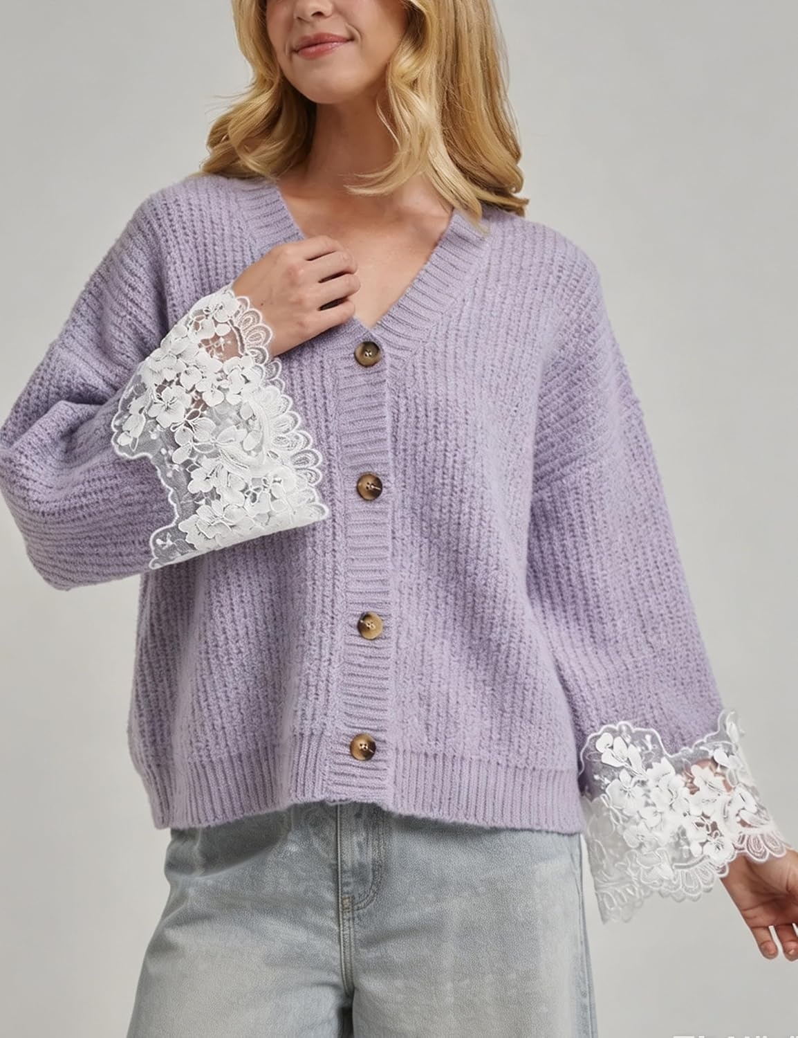 image:imageSpringrain Womens Fall V Neck Sweater Cardigan Lace Sleeve Relaxed Dropped Shoulder Flared LaceTrimmed Cuffs Lightweight Ribbed Knit Texture Button Down Layering OuterwearPurple