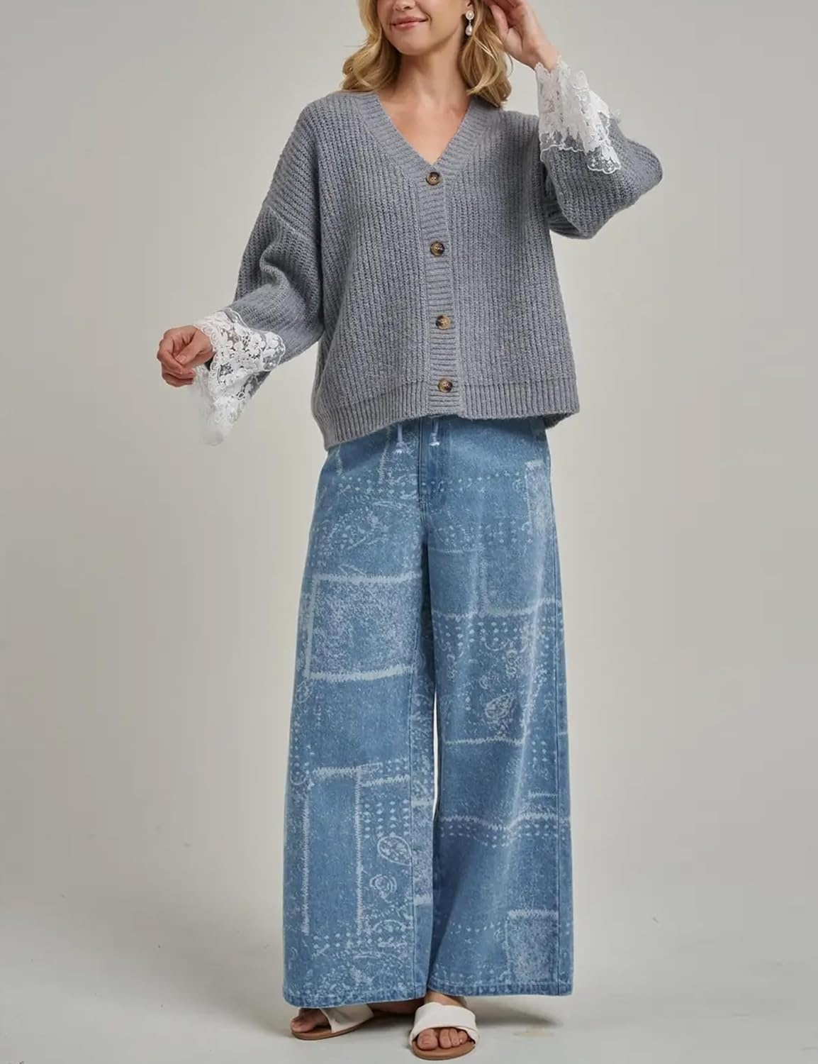 image:imageSpringrain Womens Fall V Neck Sweater Cardigan Lace Sleeve Relaxed Dropped Shoulder Flared LaceTrimmed Cuffs Lightweight Ribbed Knit Texture Button Down Layering OuterwearGrey