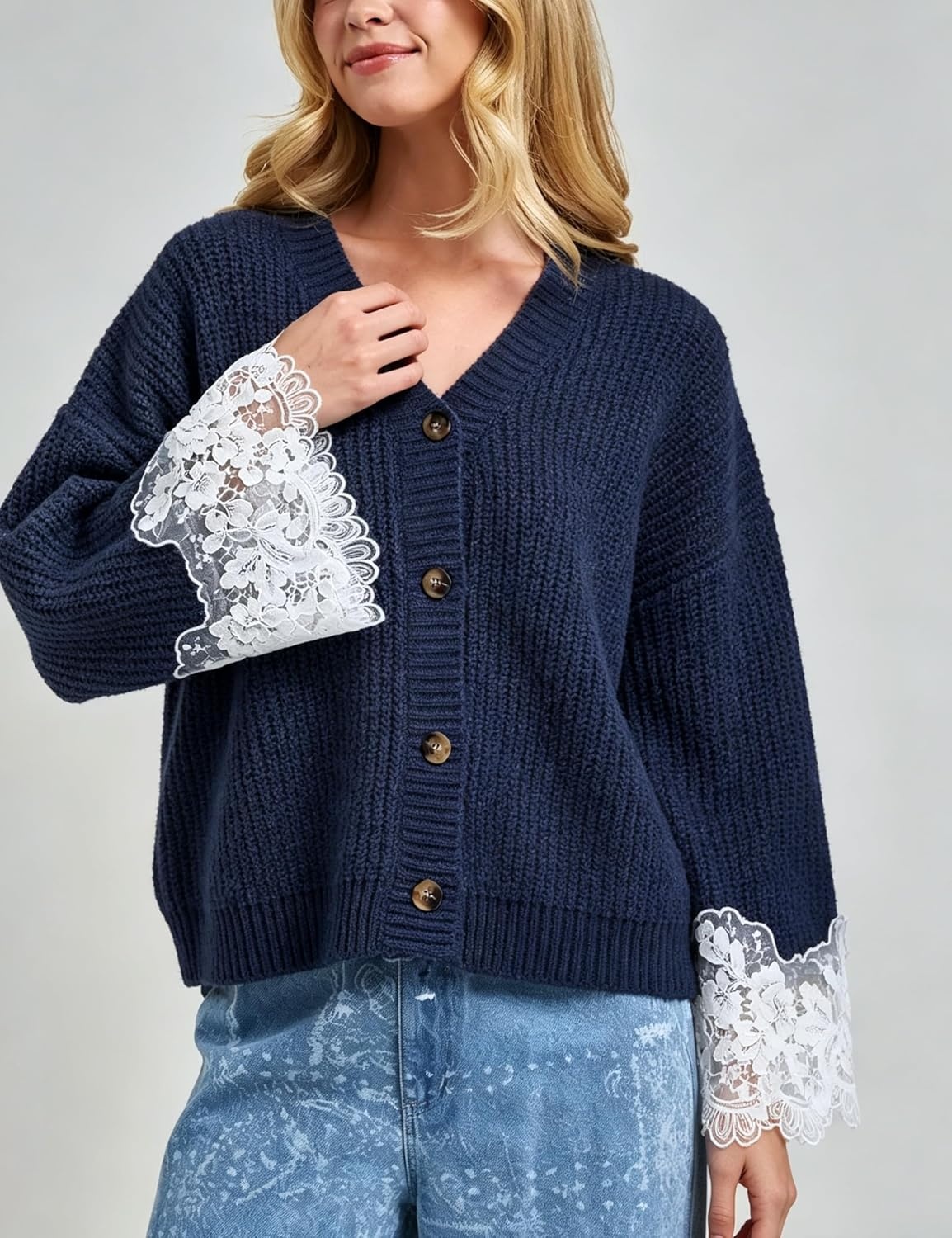 image:imageSpringrain Womens Fall V Neck Sweater Cardigan Lace Sleeve Relaxed Dropped Shoulder Flared LaceTrimmed Cuffs Lightweight Ribbed Knit Texture Button Down Layering OuterwearNavy
