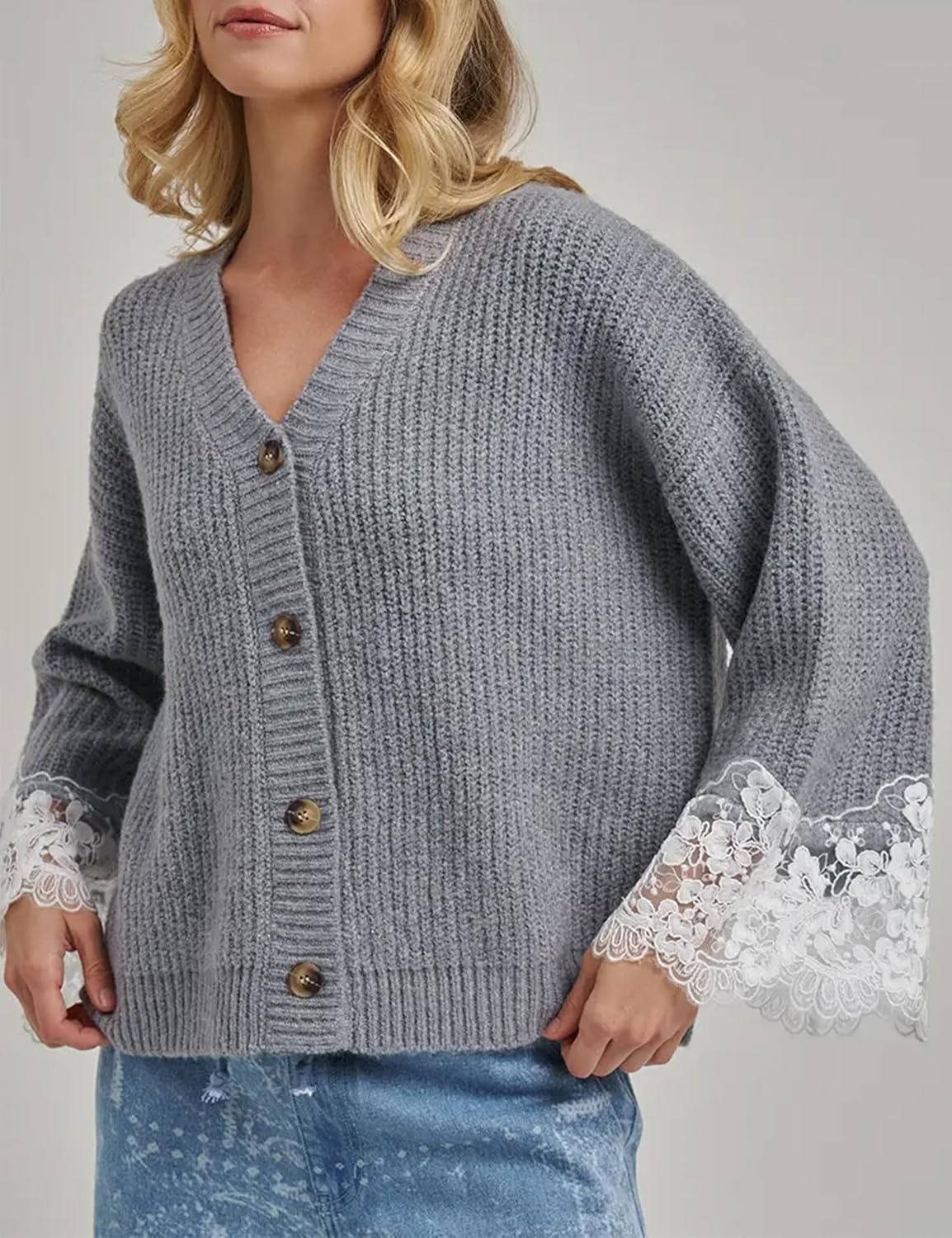 image:imageSpringrain Womens Fall V Neck Sweater Cardigan Lace Sleeve Relaxed Dropped Shoulder Flared LaceTrimmed Cuffs Lightweight Ribbed Knit Texture Button Down Layering OuterwearGrey