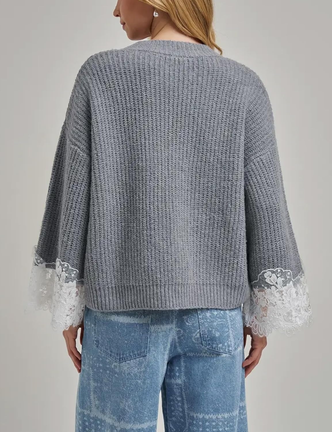 image:imageSpringrain Womens Fall V Neck Sweater Cardigan Lace Sleeve Relaxed Dropped Shoulder Flared LaceTrimmed Cuffs Lightweight Ribbed Knit Texture Button Down Layering OuterwearGrey