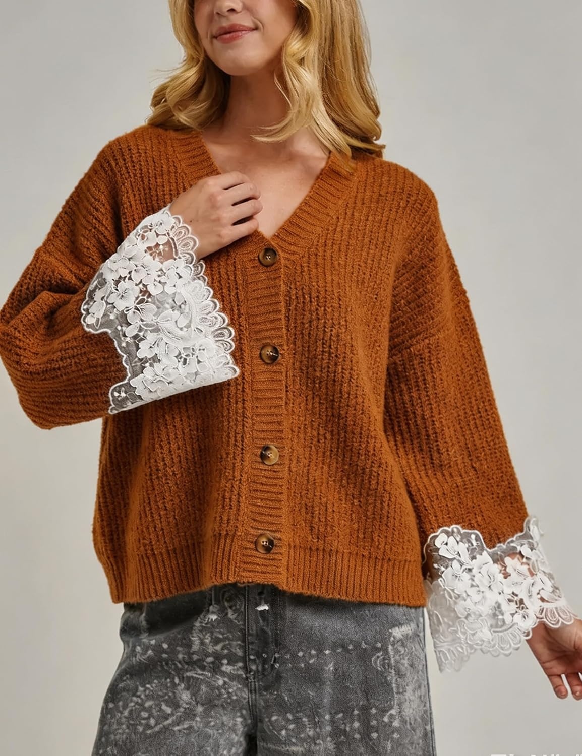 image:imageSpringrain Womens Fall V Neck Sweater Cardigan Lace Sleeve Relaxed Dropped Shoulder Flared LaceTrimmed Cuffs Lightweight Ribbed Knit Texture Button Down Layering OuterwearBrown