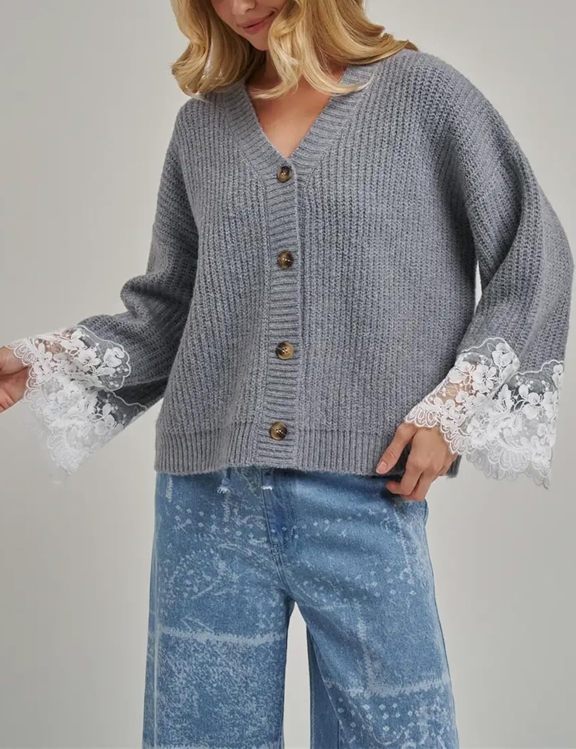 image:imageSpringrain Womens Fall V Neck Sweater Cardigan Lace Sleeve Relaxed Dropped Shoulder Flared LaceTrimmed Cuffs Lightweight Ribbed Knit Texture Button Down Layering OuterwearGrey