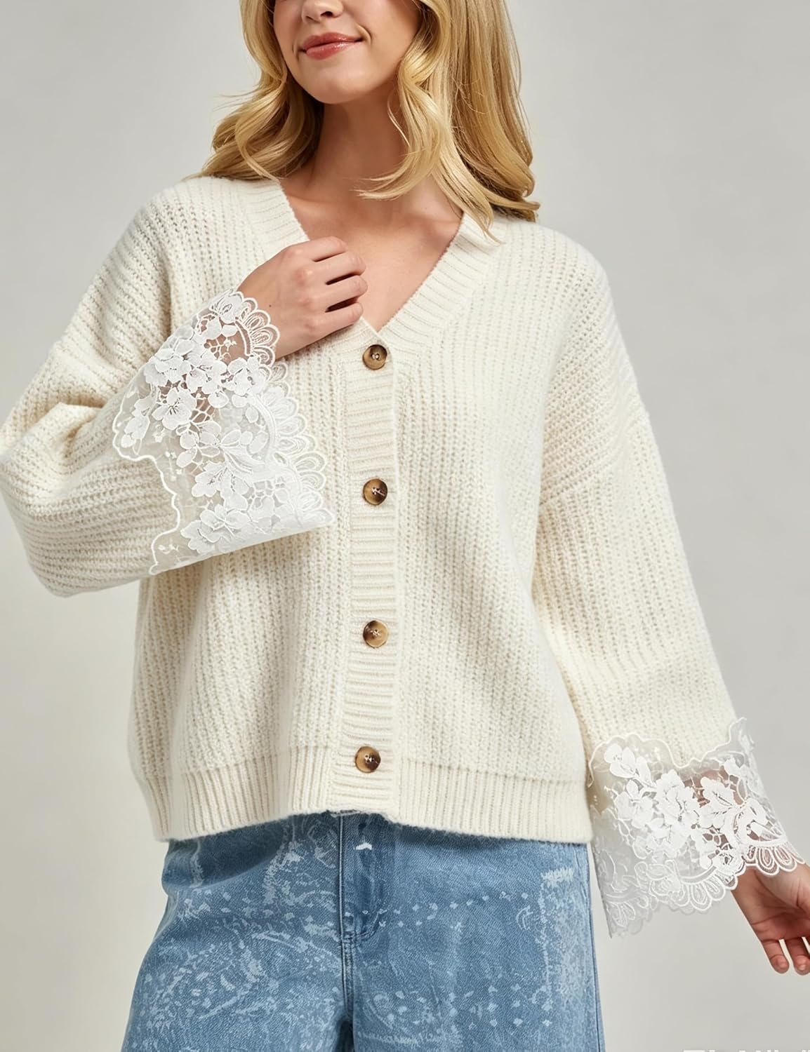 image:imageSpringrain Womens Fall V Neck Sweater Cardigan Lace Sleeve Relaxed Dropped Shoulder Flared LaceTrimmed Cuffs Lightweight Ribbed Knit Texture Button Down Layering OuterwearBeige