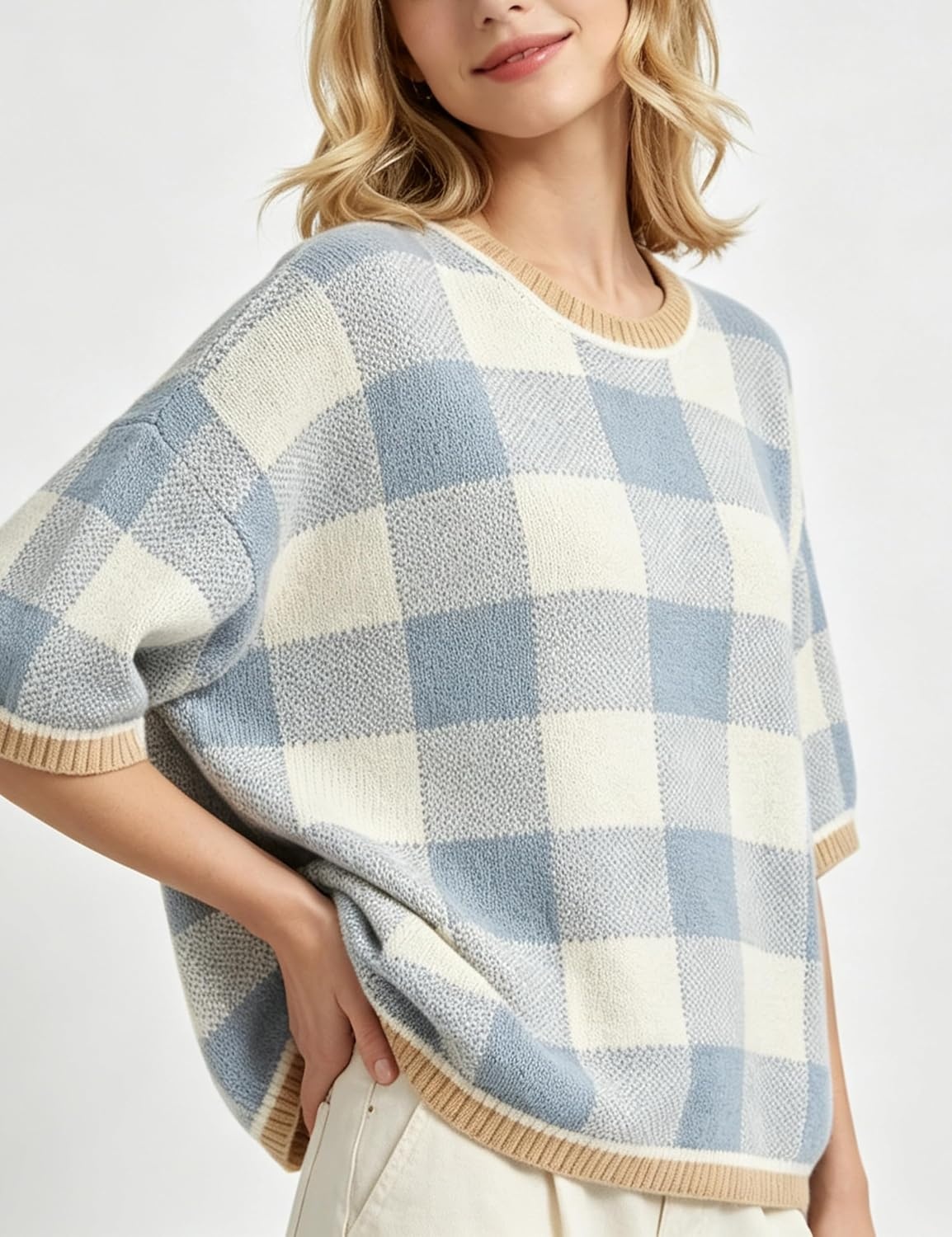 image:imageSpringrain Womens Plaid 34 Sleeve Knit Round Neck Sweater Contrast Ribbed Trim Relaxed Cropped Loose Silhouette Knit FabricSpring Fall Transitional Wear Daily Layering PieceBlue