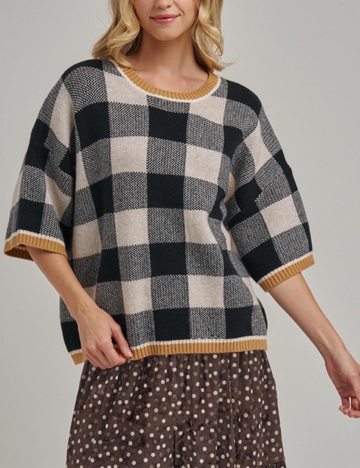 image:imageSpringrain Womens Plaid 34 Sleeve Knit Round Neck Sweater Contrast Ribbed Trim Relaxed Cropped Loose Silhouette Knit FabricSpring Fall Transitional Wear Daily Layering PieceBlack