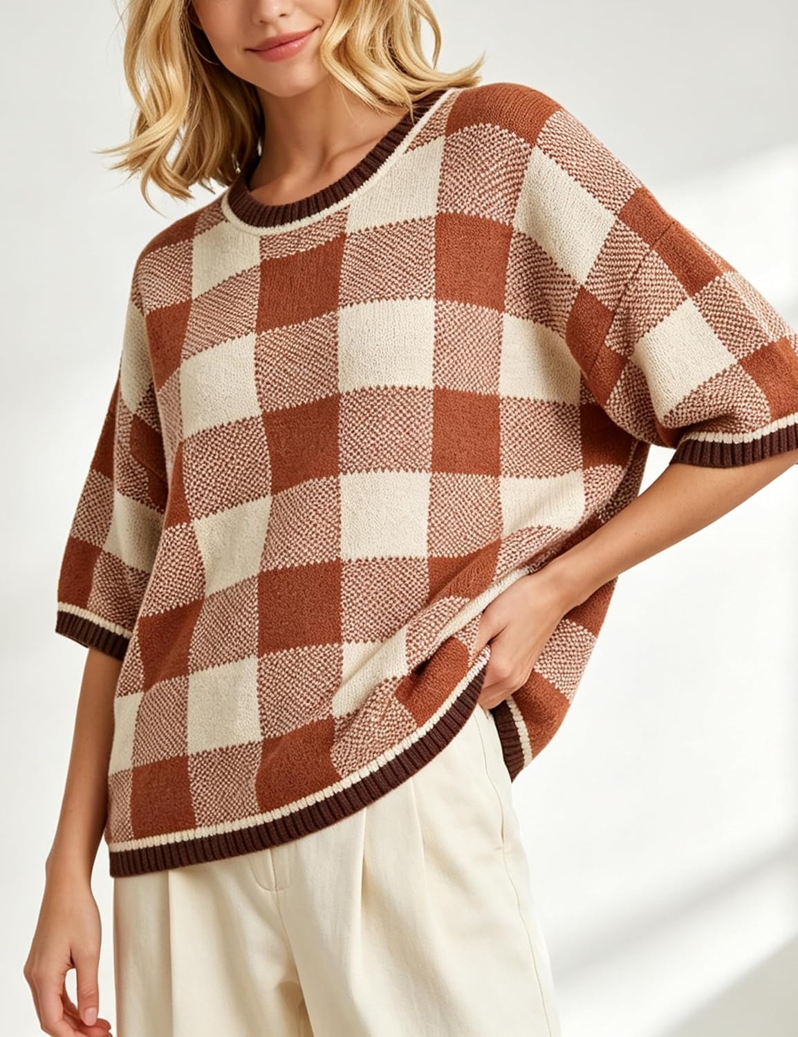 image:imageSpringrain Womens Plaid 34 Sleeve Knit Round Neck Sweater Contrast Ribbed Trim Relaxed Cropped Loose Silhouette Knit FabricSpring Fall Transitional Wear Daily Layering PieceRust