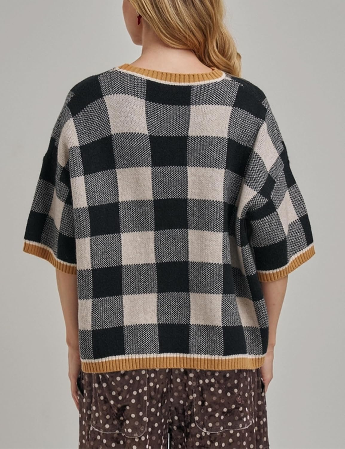 image:imageSpringrain Womens Plaid 34 Sleeve Knit Round Neck Sweater Contrast Ribbed Trim Relaxed Cropped Loose Silhouette Knit FabricSpring Fall Transitional Wear Daily Layering PieceBlack