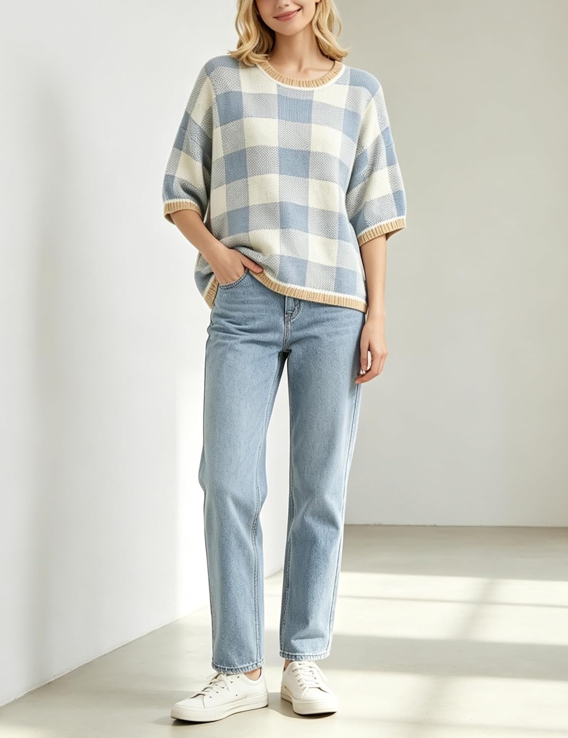 image:imageSpringrain Womens Plaid 34 Sleeve Knit Round Neck Sweater Contrast Ribbed Trim Relaxed Cropped Loose Silhouette Knit FabricSpring Fall Transitional Wear Daily Layering PieceBlue