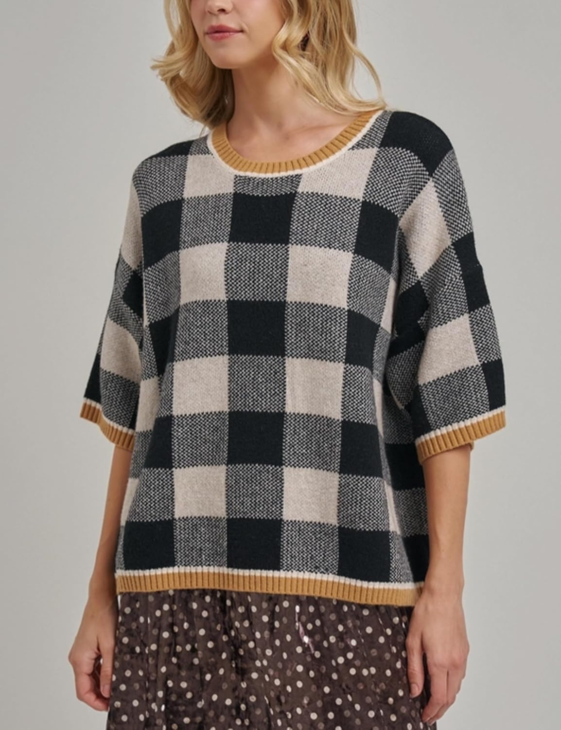 image:imageSpringrain Womens Plaid 34 Sleeve Knit Round Neck Sweater Contrast Ribbed Trim Relaxed Cropped Loose Silhouette Knit FabricSpring Fall Transitional Wear Daily Layering PieceBlack