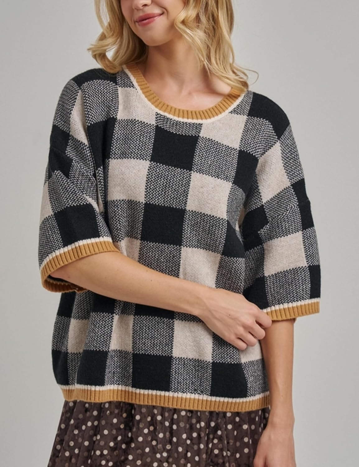 image:imageSpringrain Womens Plaid 34 Sleeve Knit Round Neck Sweater Contrast Ribbed Trim Relaxed Cropped Loose Silhouette Knit FabricSpring Fall Transitional Wear Daily Layering PieceBlack