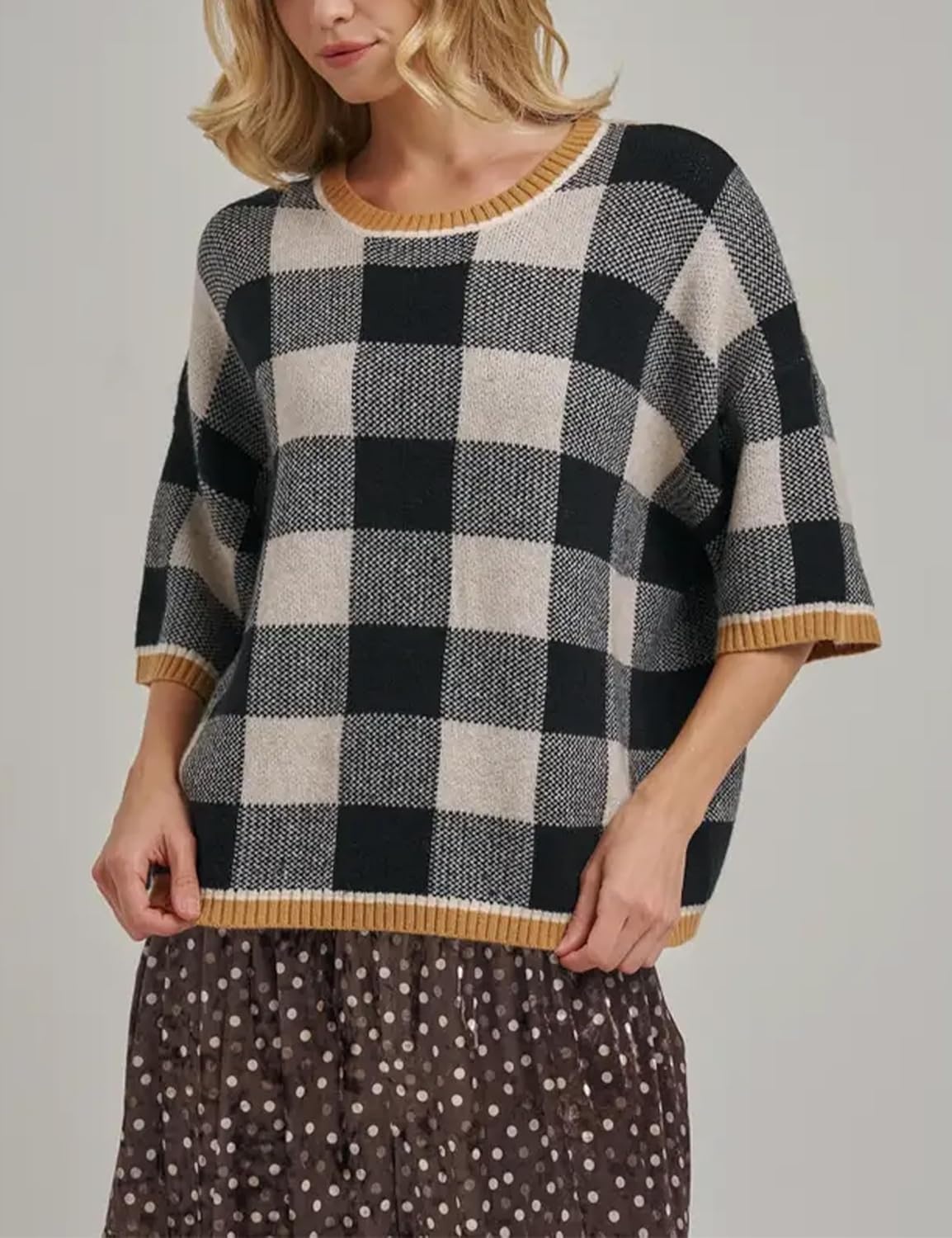 image:imageSpringrain Womens Plaid 34 Sleeve Knit Round Neck Sweater Contrast Ribbed Trim Relaxed Cropped Loose Silhouette Knit FabricSpring Fall Transitional Wear Daily Layering PieceBlack