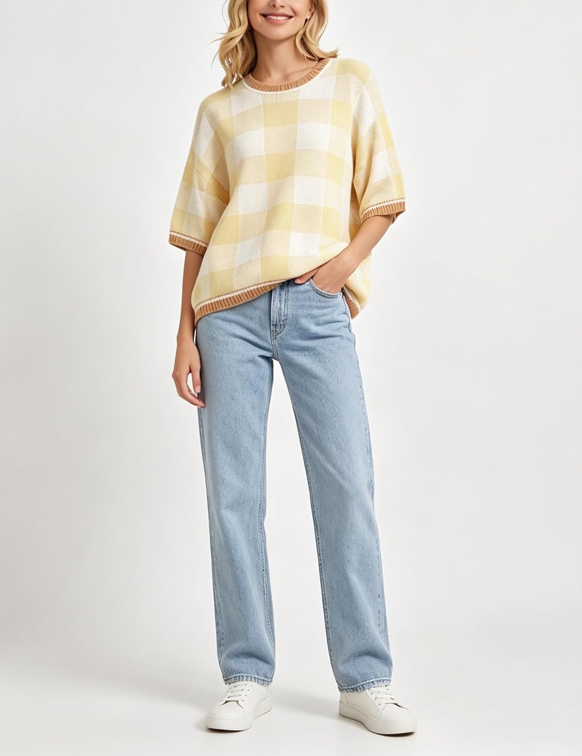 image:imageSpringrain Womens Plaid 34 Sleeve Knit Round Neck Sweater Contrast Ribbed Trim Relaxed Cropped Loose Silhouette Knit FabricSpring Fall Transitional Wear Daily Layering PieceYellow