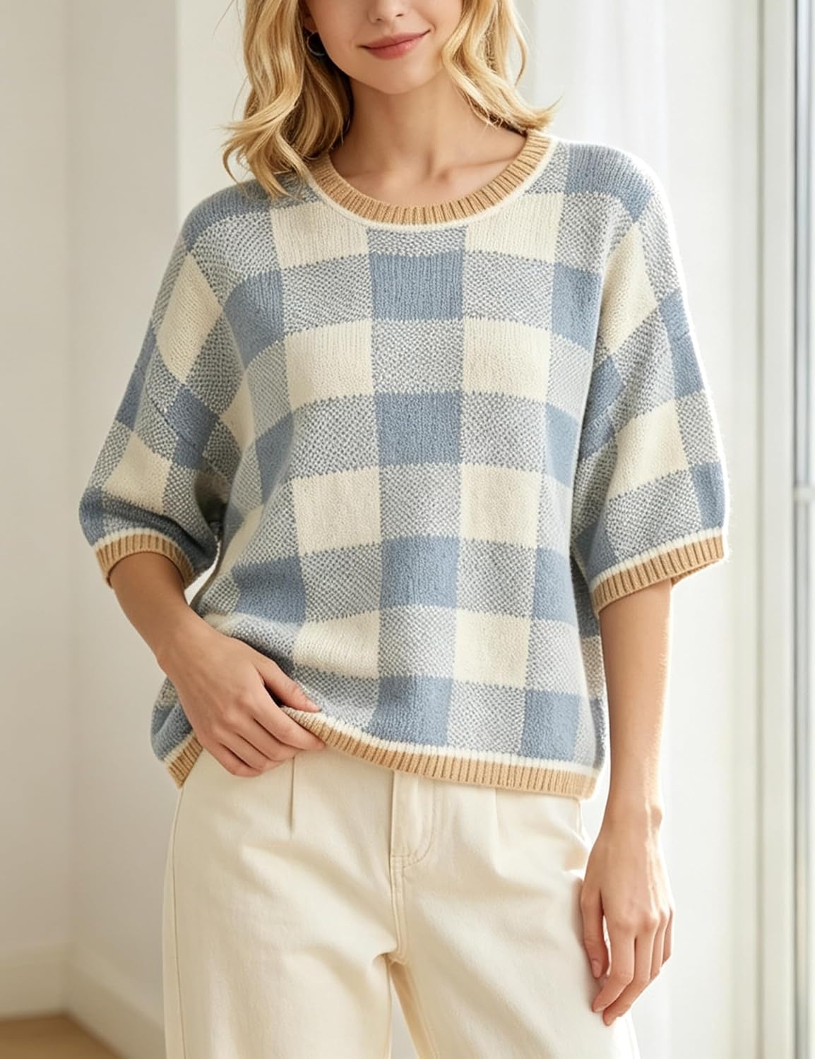image:imageSpringrain Womens Plaid 34 Sleeve Knit Round Neck Sweater Contrast Ribbed Trim Relaxed Cropped Loose Silhouette Knit FabricSpring Fall Transitional Wear Daily Layering PieceBlue