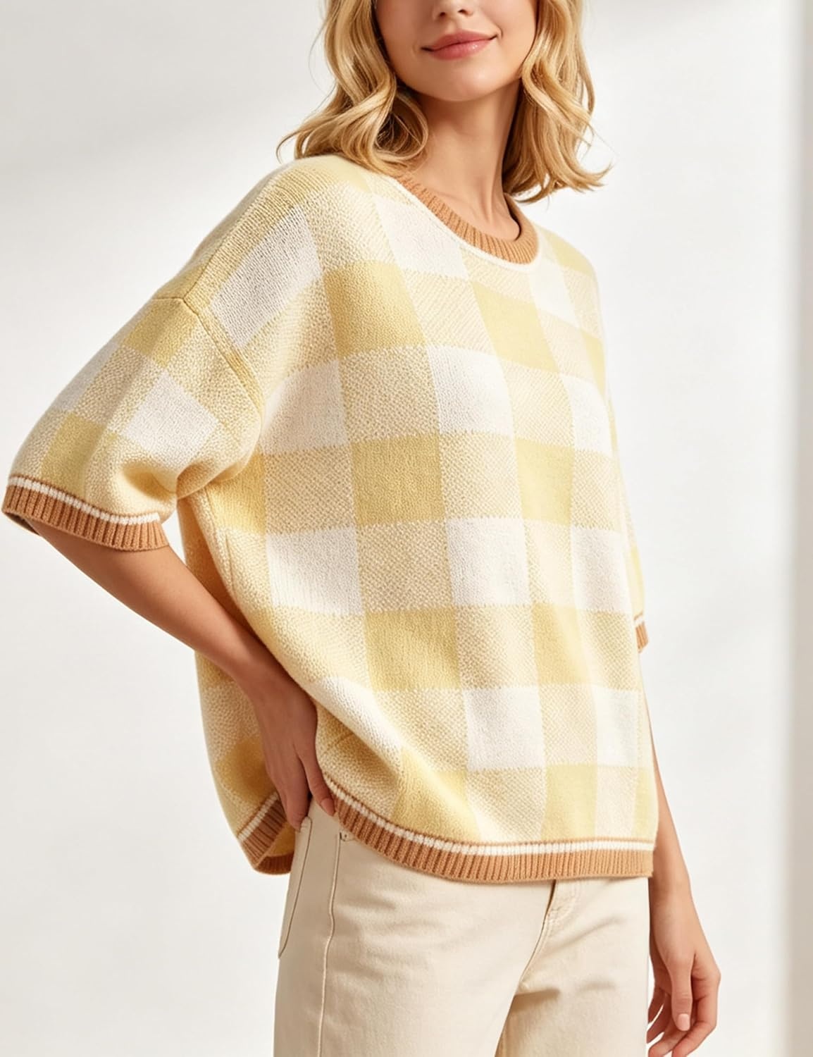 image:imageSpringrain Womens Plaid 34 Sleeve Knit Round Neck Sweater Contrast Ribbed Trim Relaxed Cropped Loose Silhouette Knit FabricSpring Fall Transitional Wear Daily Layering PieceYellow