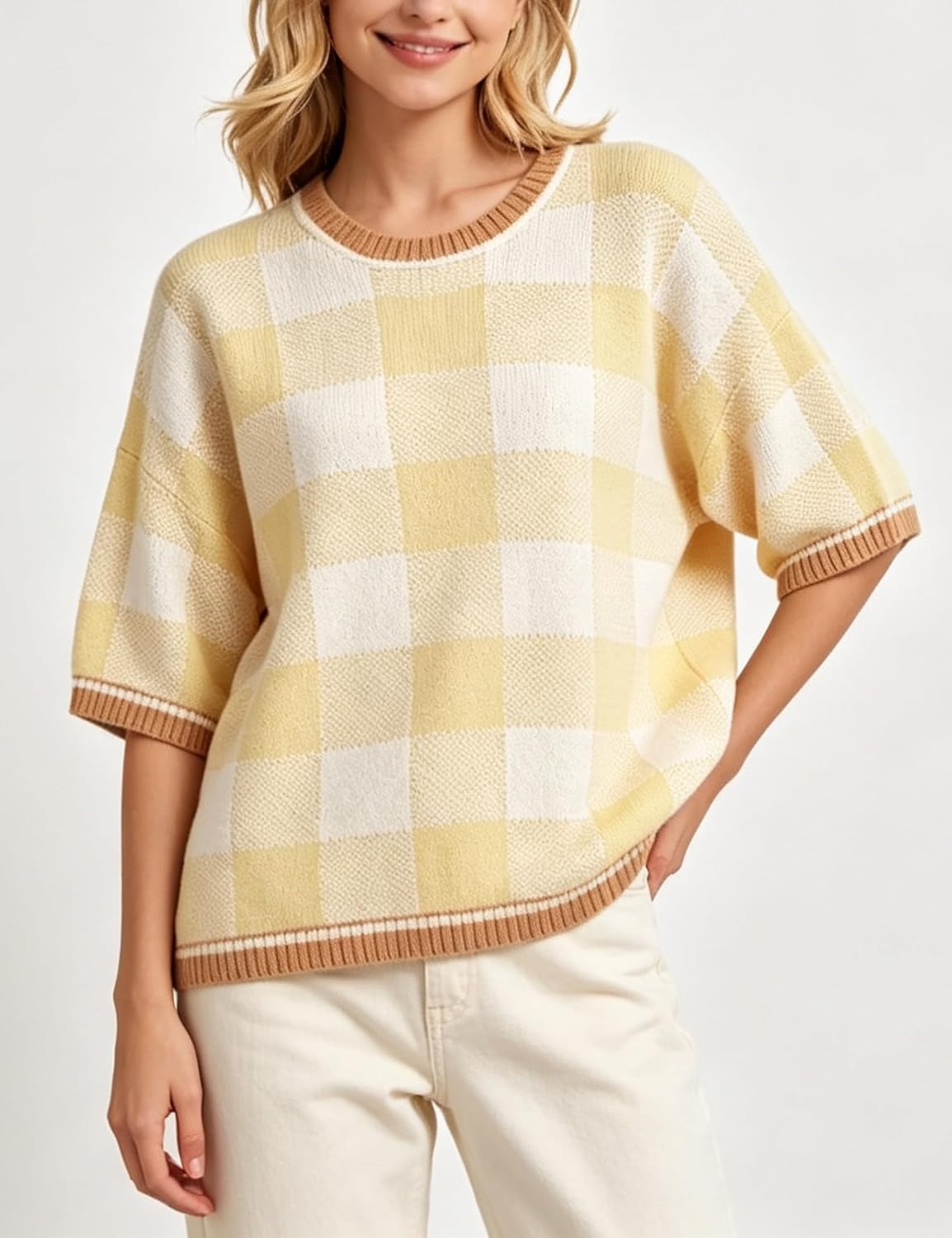 image:imageSpringrain Womens Plaid 34 Sleeve Knit Round Neck Sweater Contrast Ribbed Trim Relaxed Cropped Loose Silhouette Knit FabricSpring Fall Transitional Wear Daily Layering PieceYellow