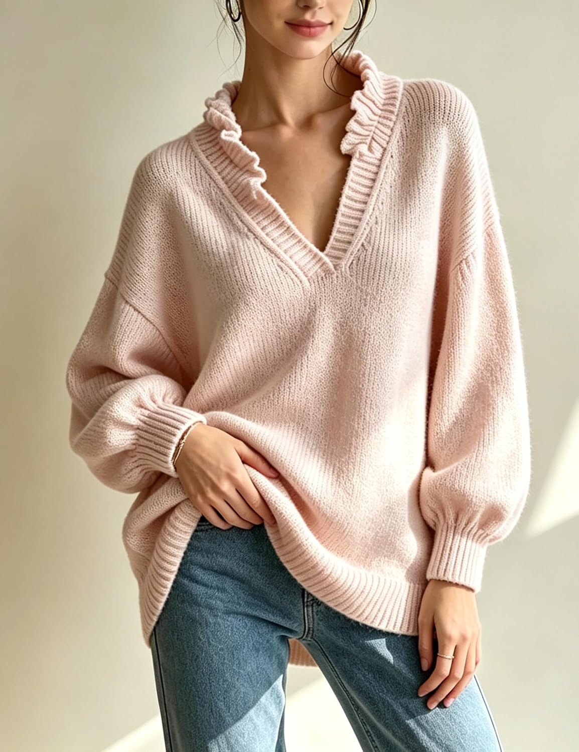 image:imageSpringrain Womens V Neck Ruffle Fall Knit Pullover Sweater Balloon Long Sleeves Ideal Fall Winter Layering SkinFriendlyHeatRetaining Ruffle Collar Ribbed CuffsPink