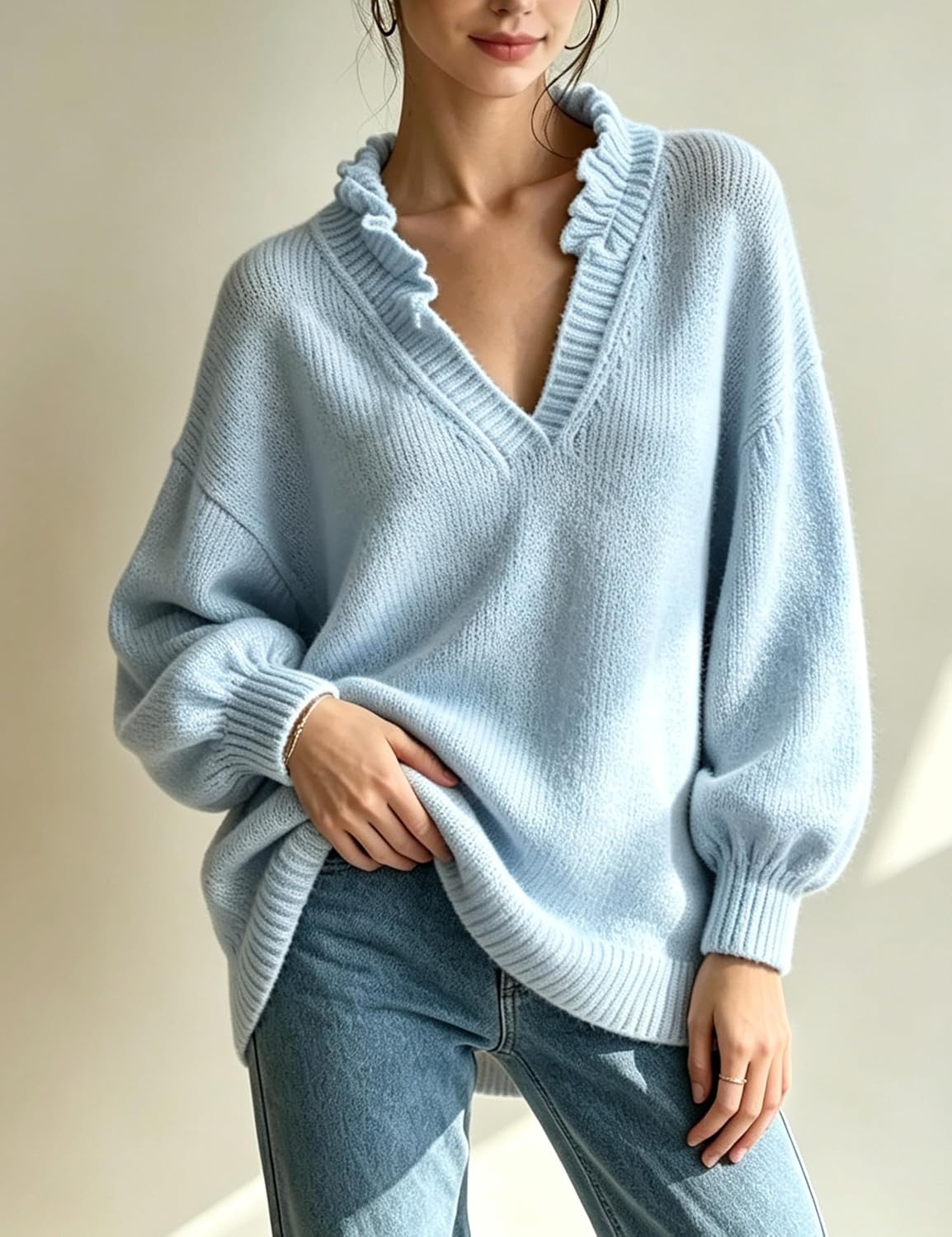 image:imageSpringrain Womens V Neck Ruffle Fall Knit Pullover Sweater Balloon Long Sleeves Ideal Fall Winter Layering SkinFriendlyHeatRetaining Ruffle Collar Ribbed CuffsBlue