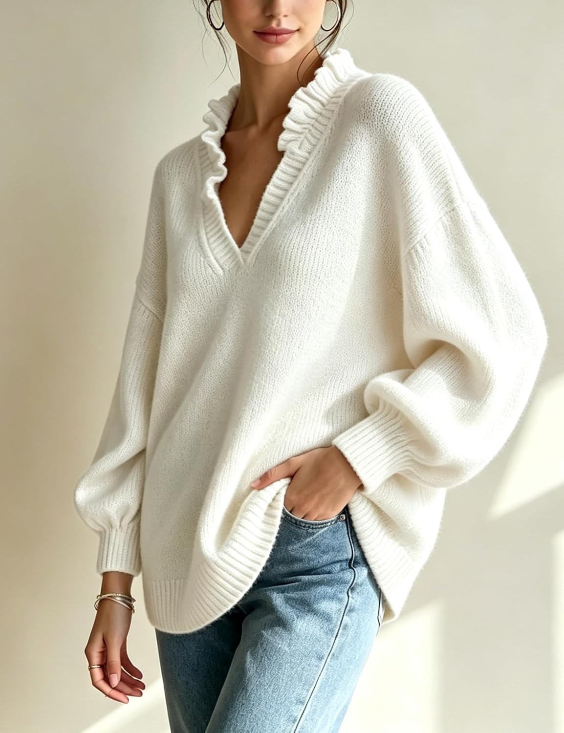 image:imageSpringrain Womens V Neck Ruffle Fall Knit Pullover Sweater Balloon Long Sleeves Ideal Fall Winter Layering SkinFriendlyHeatRetaining Ruffle Collar Ribbed CuffsWhite