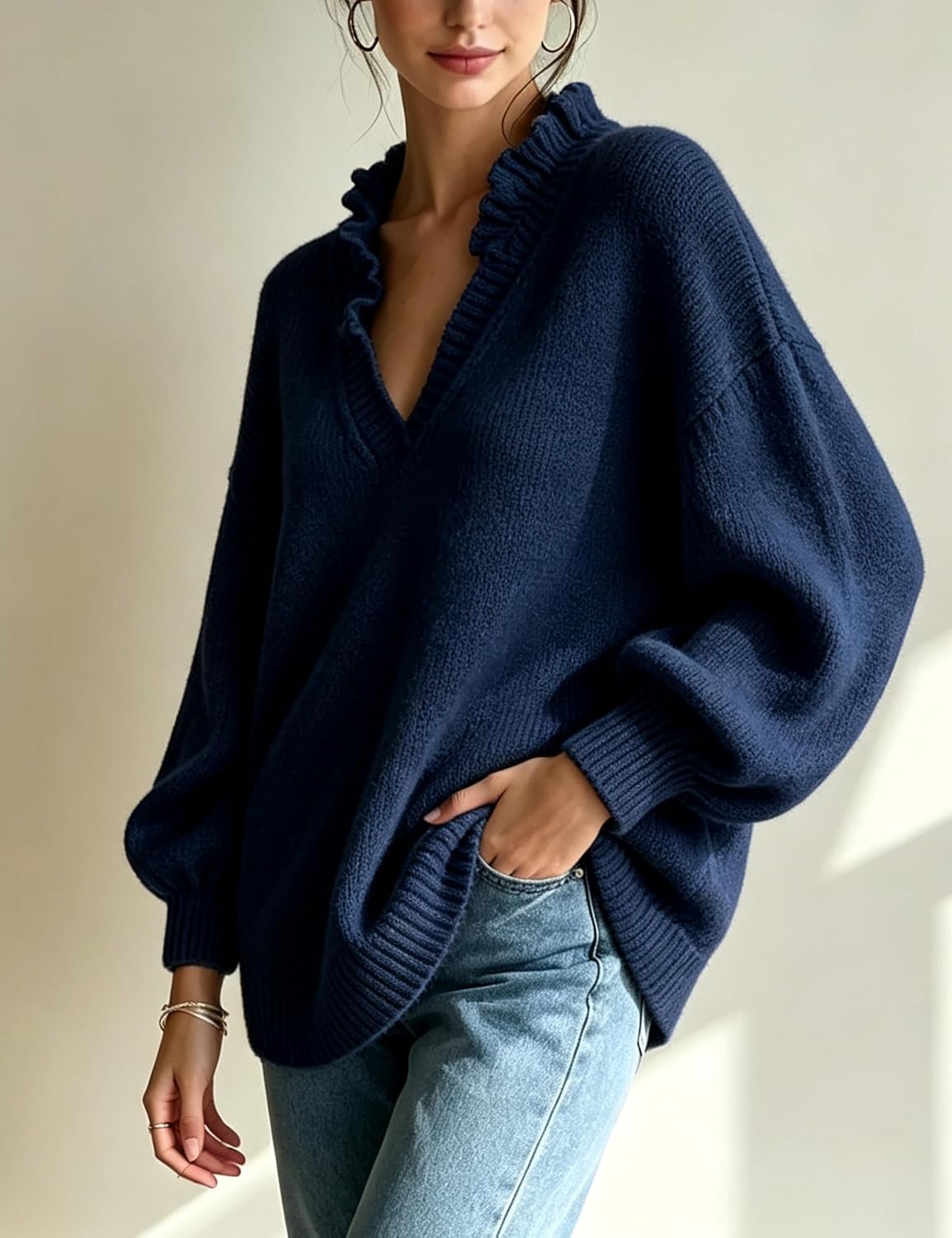 image:imageSpringrain Womens V Neck Ruffle Fall Knit Pullover Sweater Balloon Long Sleeves Ideal Fall Winter Layering SkinFriendlyHeatRetaining Ruffle Collar Ribbed CuffsNavy