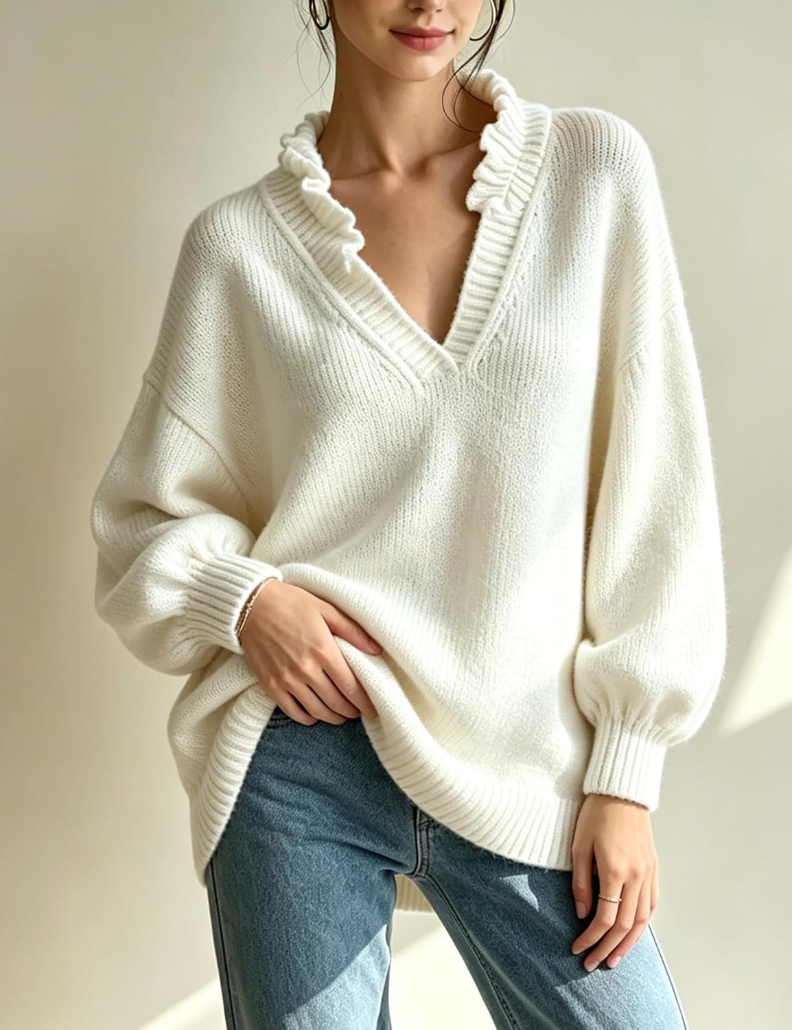 image:imageSpringrain Womens V Neck Ruffle Fall Knit Pullover Sweater Balloon Long Sleeves Ideal Fall Winter Layering SkinFriendlyHeatRetaining Ruffle Collar Ribbed CuffsWhite