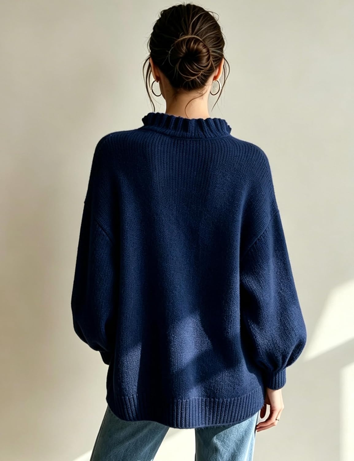 image:imageSpringrain Womens V Neck Ruffle Fall Knit Pullover Sweater Balloon Long Sleeves Ideal Fall Winter Layering SkinFriendlyHeatRetaining Ruffle Collar Ribbed CuffsNavy