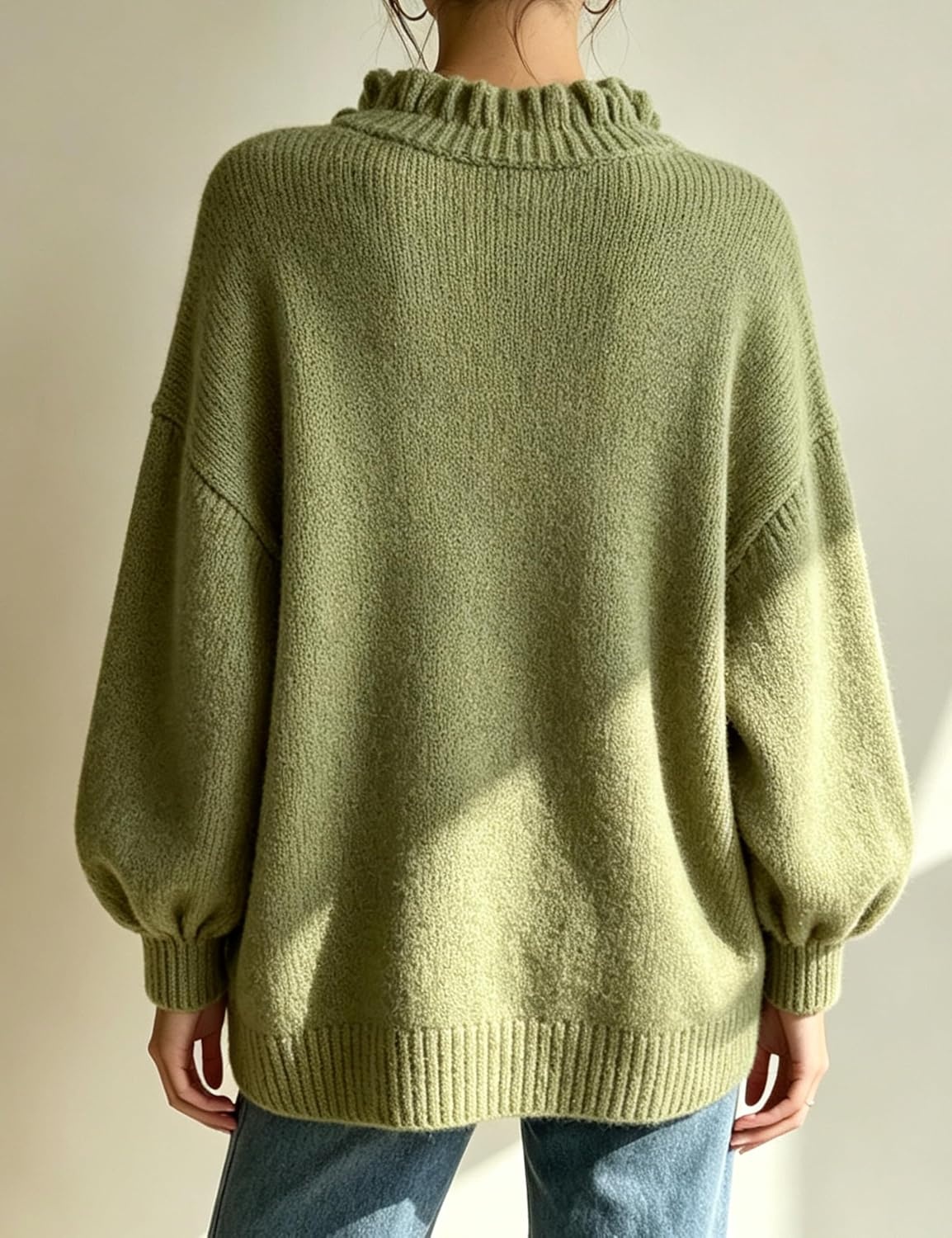 image:imageSpringrain Womens V Neck Ruffle Fall Knit Pullover Sweater Balloon Long Sleeves Ideal Fall Winter Layering SkinFriendlyHeatRetaining Ruffle Collar Ribbed CuffsGreen