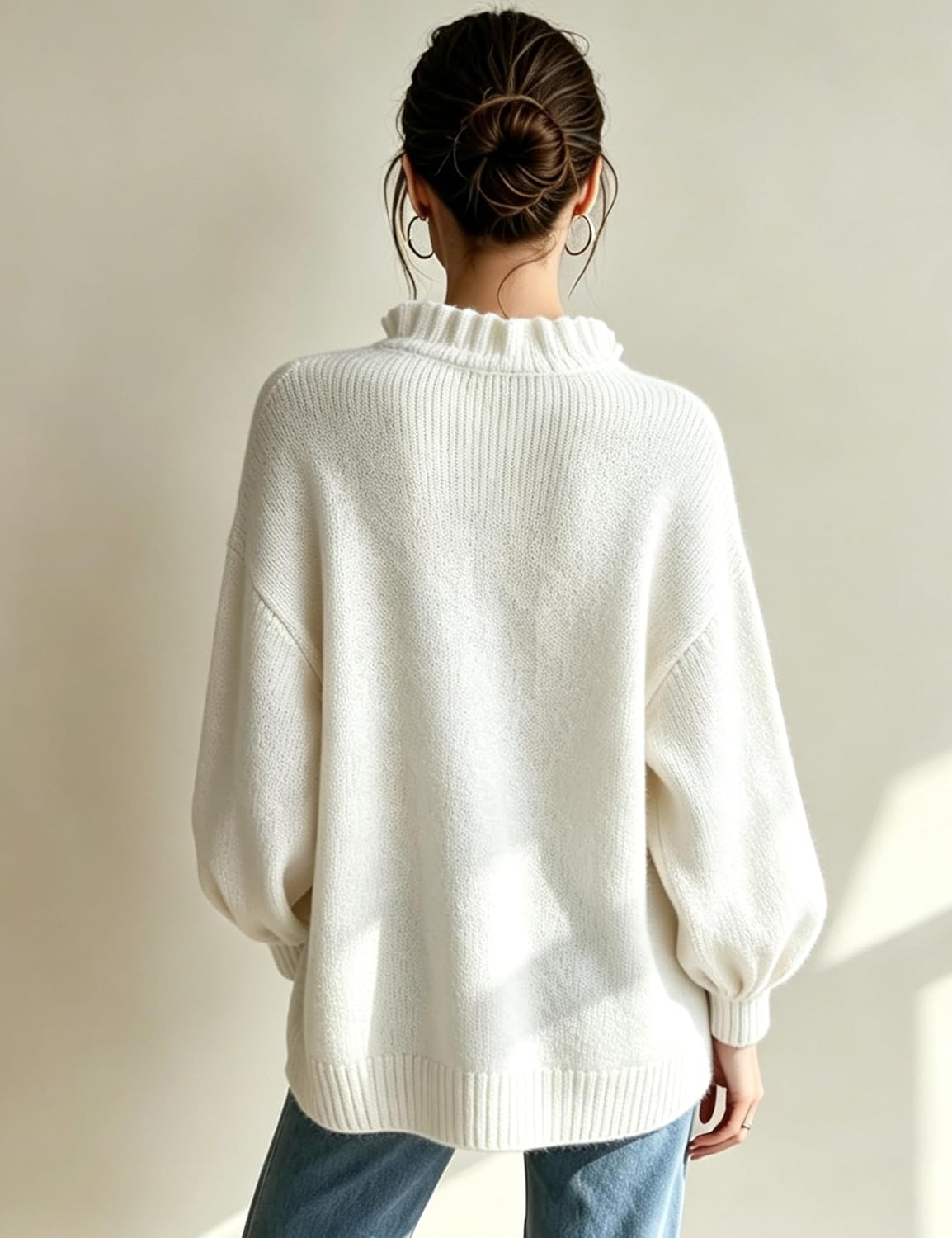image:imageSpringrain Womens V Neck Ruffle Fall Knit Pullover Sweater Balloon Long Sleeves Ideal Fall Winter Layering SkinFriendlyHeatRetaining Ruffle Collar Ribbed CuffsWhite