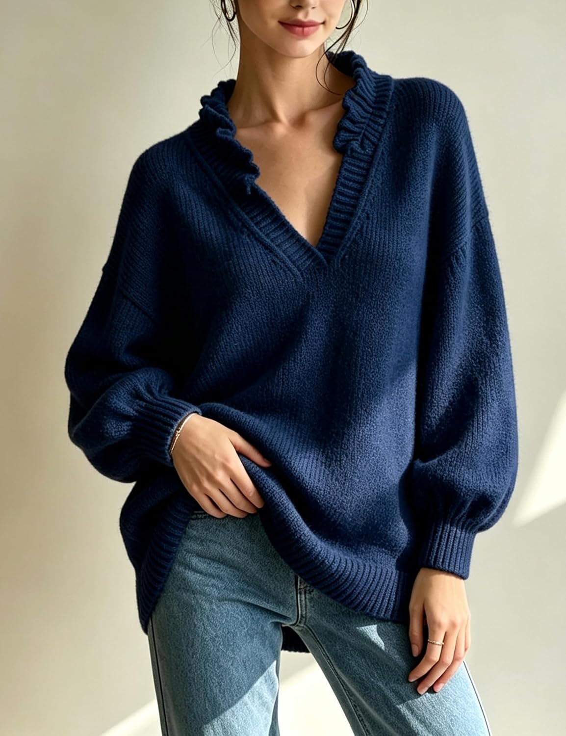 image:imageSpringrain Womens V Neck Ruffle Fall Knit Pullover Sweater Balloon Long Sleeves Ideal Fall Winter Layering SkinFriendlyHeatRetaining Ruffle Collar Ribbed CuffsNavy
