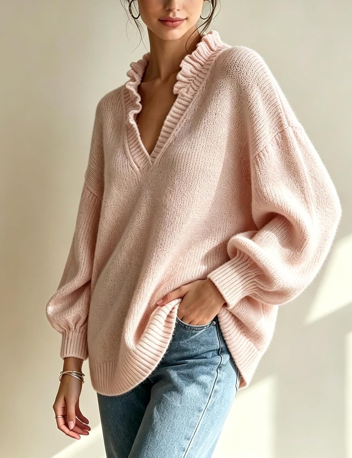 image:imageSpringrain Womens V Neck Ruffle Fall Knit Pullover Sweater Balloon Long Sleeves Ideal Fall Winter Layering SkinFriendlyHeatRetaining Ruffle Collar Ribbed CuffsPink