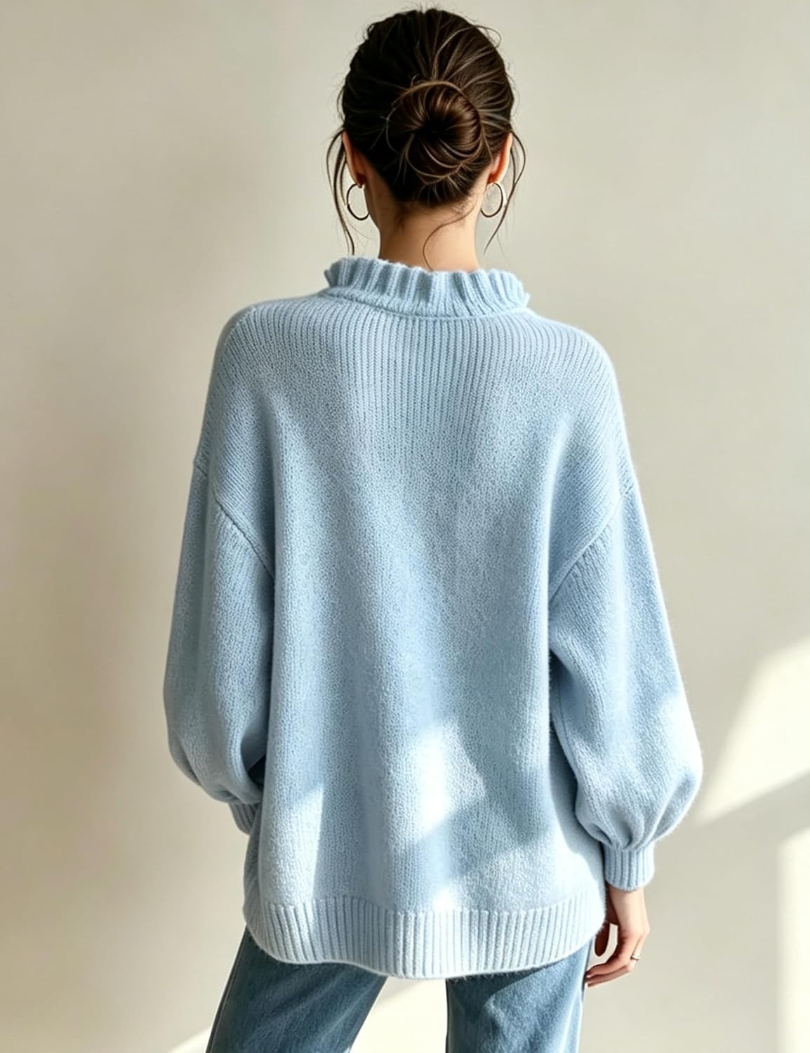 image:imageSpringrain Womens V Neck Ruffle Fall Knit Pullover Sweater Balloon Long Sleeves Ideal Fall Winter Layering SkinFriendlyHeatRetaining Ruffle Collar Ribbed CuffsBlue
