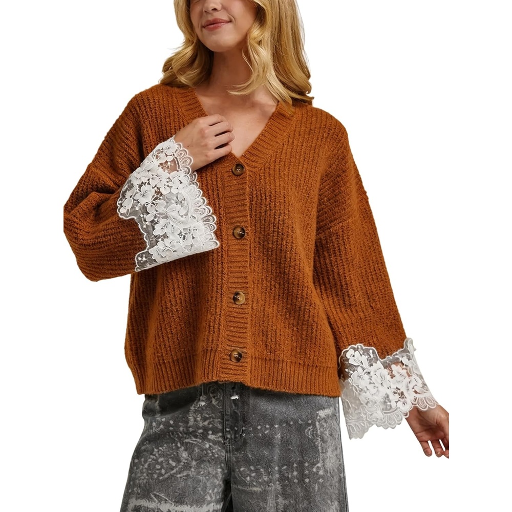 image:imageSpringrain Womens Fall V Neck Sweater Cardigan Lace Sleeve Relaxed Dropped Shoulder Flared LaceTrimmed Cuffs Lightweight Ribbed Knit Texture Button Down Layering OuterwearBrown