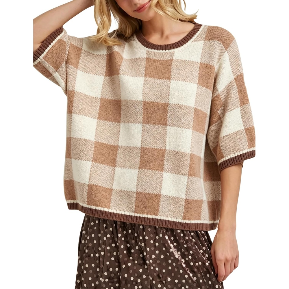 image:imageSpringrain Womens Plaid 34 Sleeve Knit Round Neck Sweater Contrast Ribbed Trim Relaxed Cropped Loose Silhouette Knit FabricSpring Fall Transitional Wear Daily Layering PieceKhaki