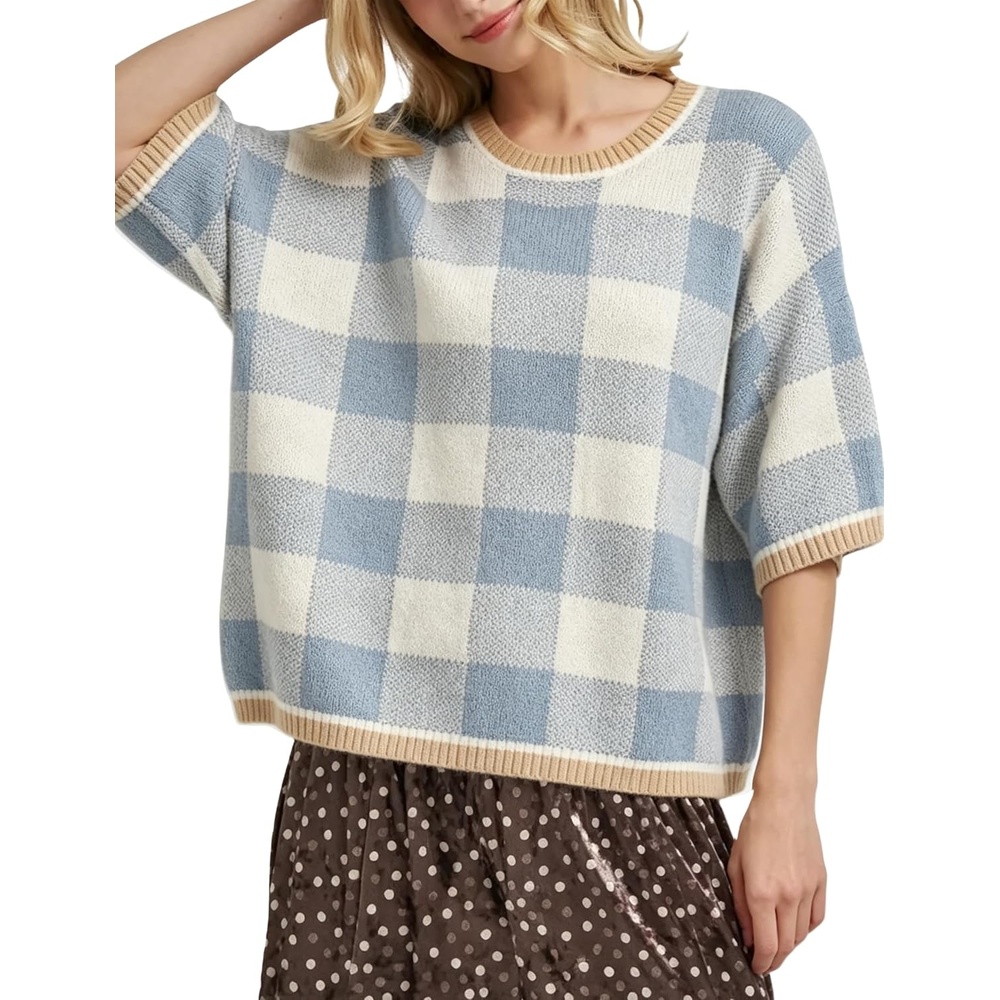 image:imageSpringrain Womens Plaid 34 Sleeve Knit Round Neck Sweater  Contrast Ribbed Trim Relaxed Cropped Loose Silhouette Knit FabricSpring Fall Transitional Wear Daily Layering PieceBlue