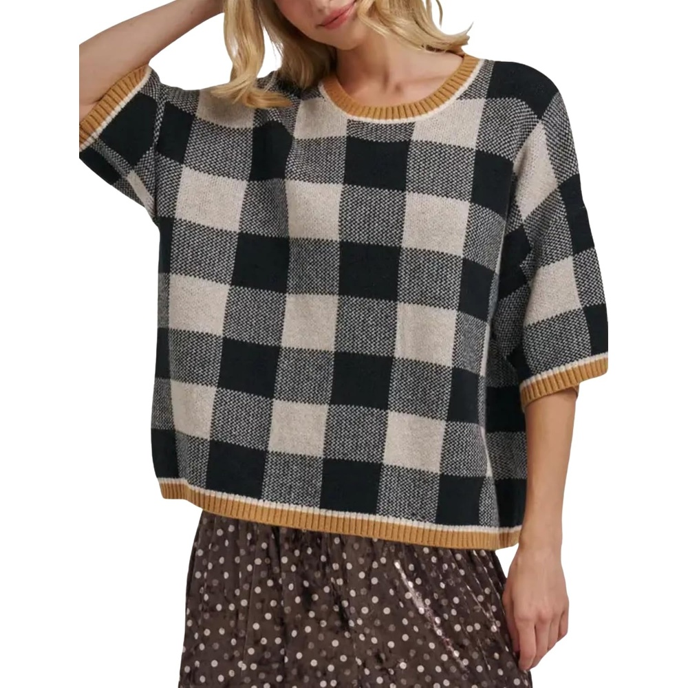 image:imageSpringrain Womens Plaid 34 Sleeve Knit Round Neck Sweater Contrast Ribbed Trim Relaxed Cropped Loose Silhouette Knit FabricSpring Fall Transitional Wear Daily Layering PieceBlack
