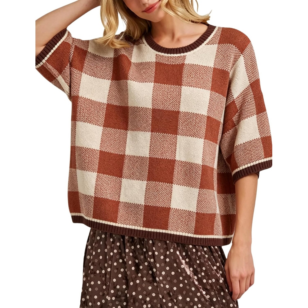 image:imageSpringrain Womens Plaid 34 Sleeve Knit Round Neck Sweater Contrast Ribbed Trim Relaxed Cropped Loose Silhouette Knit FabricSpring Fall Transitional Wear Daily Layering PieceRust