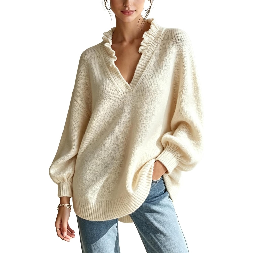 image:imageSpringrain Womens V Neck Ruffle Fall Knit Pullover Sweater Balloon Long Sleeves Ideal Fall Winter Layering SkinFriendlyHeatRetaining Ruffle Collar Ribbed CuffsBeige