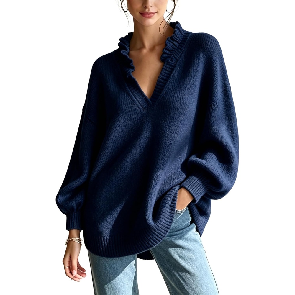 image:imageSpringrain Womens V Neck Ruffle Fall Knit Pullover Sweater  Balloon Long Sleeves Ideal Fall Winter Layering SkinFriendlyHeatRetaining Ruffle Collar Ribbed CuffsNavy