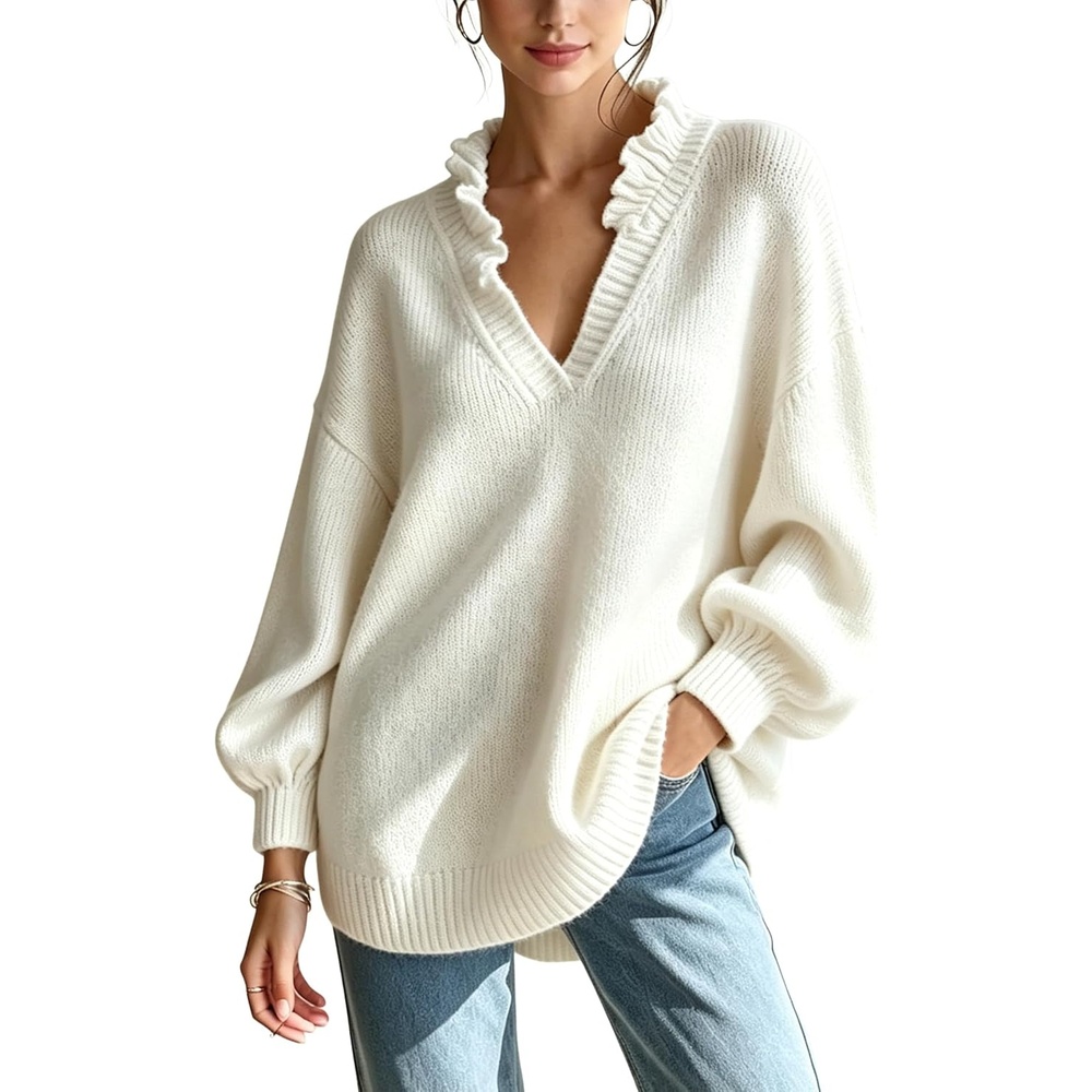 image:imageSpringrain Womens V Neck Ruffle Fall Knit Pullover Sweater  Balloon Long Sleeves Ideal Fall Winter Layering SkinFriendlyHeatRetaining Ruffle Collar Ribbed CuffsWhite