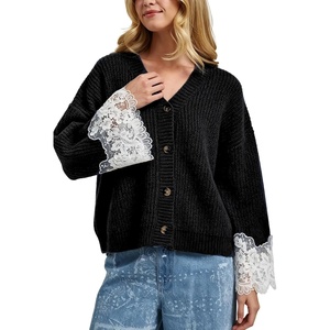 Springrain Women’s Fall V Neck Sweater Cardigan Lace Sleeve | Relaxed Dropped Shoulder, Flared Lace-Trimmed Cuffs, Lightweight Ribbed Knit Texture, Button Down, Layering Outerwear(Black)