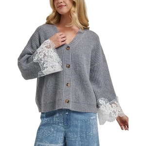 Springrain Women’s Fall V Neck Sweater Cardigan Lace Sleeve | Relaxed Dropped Shoulder, Flared Lace-Trimmed Cuffs, Lightweight Ribbed Knit Texture, Button Down, Layering Outerwear(Grey)
