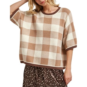 Springrain Women’s Plaid 3/4 Sleeve Knit Round Neck Sweater | Contrast Ribbed Trim, Relaxed Cropped Loose Silhouette, Knit Fabric,Spring Fall Transitional Wear, Daily Layering Piece(Khaki)