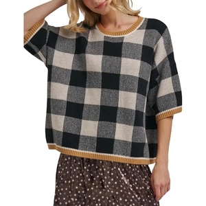 Springrain Women’s Plaid 3/4 Sleeve Knit Round Neck Sweater | Contrast Ribbed Trim, Relaxed Cropped Loose Silhouette, Knit Fabric,Spring Fall Transitional Wear, Daily Layering Piece(Black)
