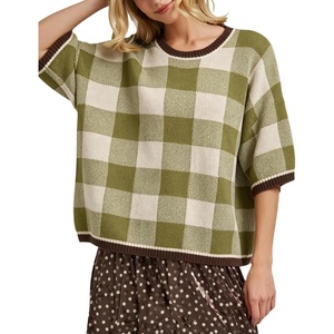 Springrain Women’s Plaid 3/4 Sleeve Knit Round Neck Sweater | Contrast Ribbed Trim, Relaxed Cropped Loose Silhouette, Knit Fabric,Spring Fall Transitional Wear, Daily Layering Piece(Green)