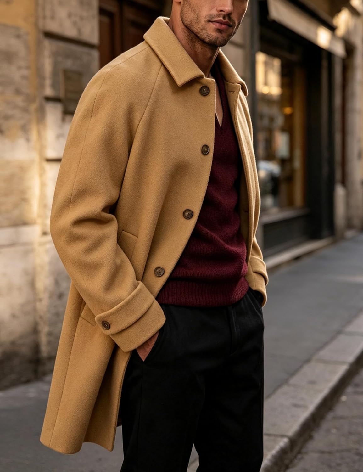 image:imageSpringrain Mens Collar Wool Blend Pea Coat Warm Winter OvercoatsKhaki