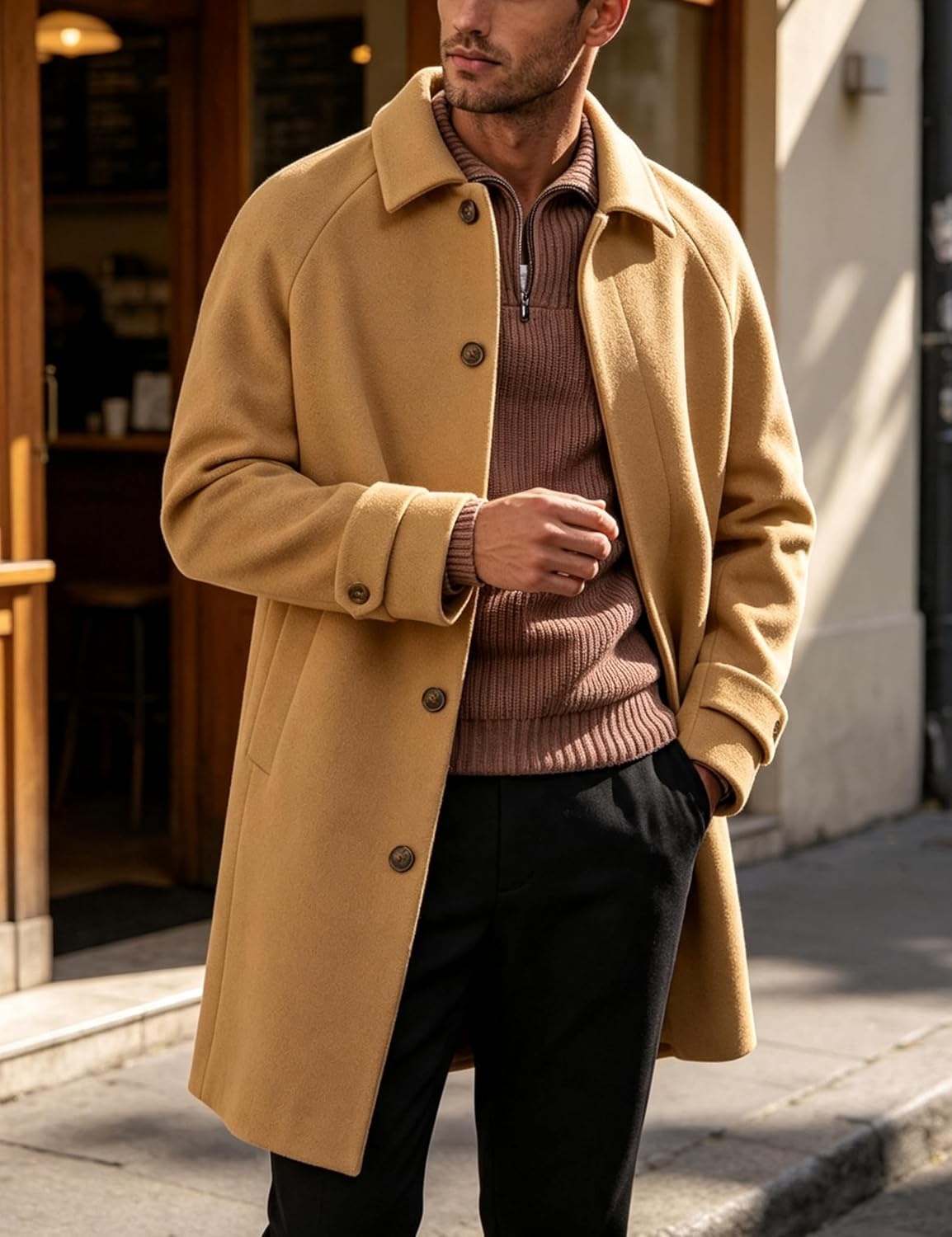 image:imageSpringrain Mens Collar Wool Blend Pea Coat Warm Winter OvercoatsKhaki