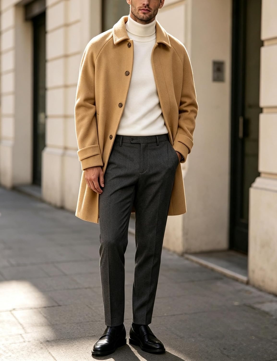 image:imageSpringrain Mens Collar Wool Blend Pea Coat Warm Winter OvercoatsKhaki