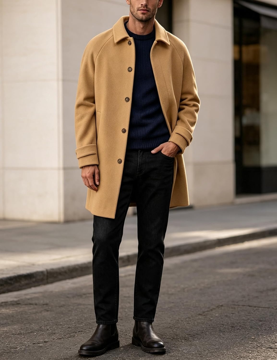 image:imageSpringrain Mens Collar Wool Blend Pea Coat Warm Winter OvercoatsKhaki
