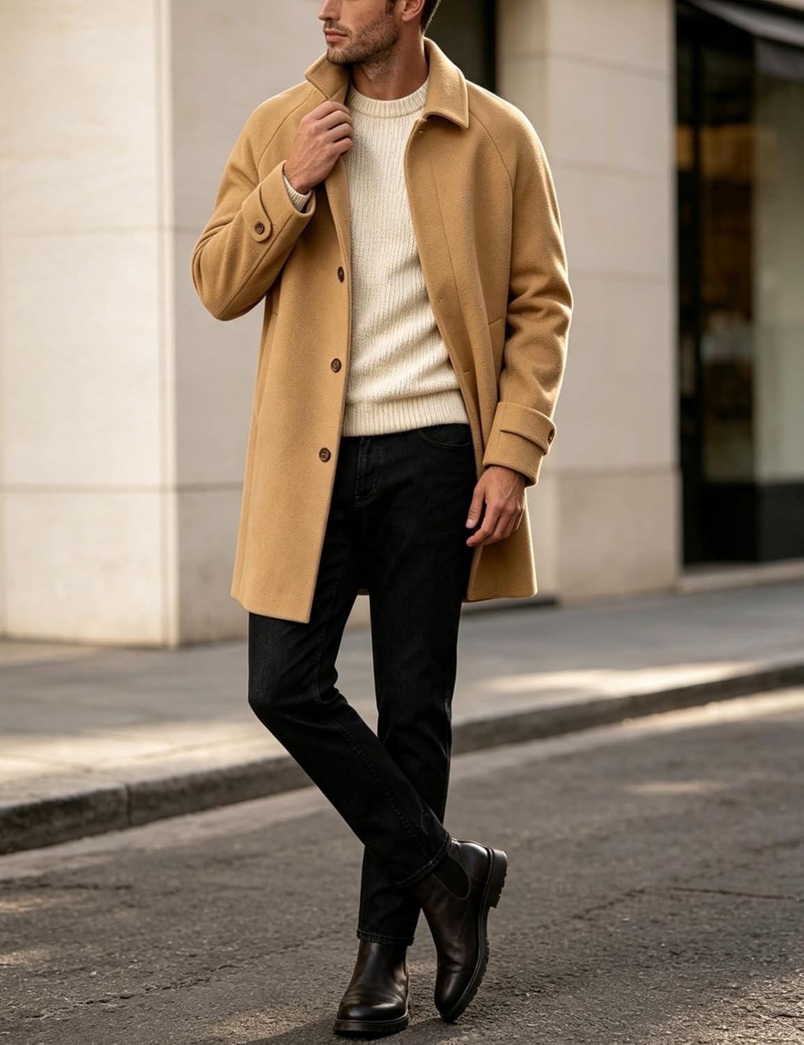 image:imageSpringrain Mens Collar Wool Blend Pea Coat Warm Winter OvercoatsKhaki